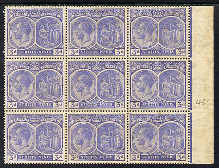 St Kitts-Nevis 1921-29 KG5 Script CA Medicinal Spring 3d ultramarine marginal block of 9, unmounted mint SG 45, stamps on , stamps on  stamps on , stamps on  stamps on  kg5 , stamps on  stamps on 