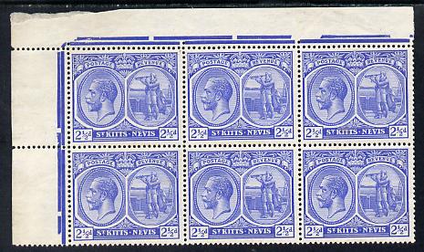 St Kitts-Nevis 1921-29 KG5 Script CA Columbus 2.5d bright blue NW corner block of 6 unmounted mint SG 42, stamps on , stamps on  stamps on , stamps on  stamps on  kg5 , stamps on  stamps on columbus, stamps on  stamps on explorers