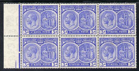 St Kitts-Nevis 1921-29 KG5 Script CA Medicinal Spring 3d ultramarine marginal block of 6 unmounted mint SG 45, stamps on , stamps on  kg5 , stamps on 