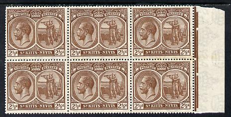 St Kitts-Nevis 1921-29 KG5 Script CA Columbus 2.5d brown marginal block of 6, unmounted mint SG 43, stamps on , stamps on  stamps on , stamps on  stamps on  kg5 , stamps on  stamps on columbus, stamps on  stamps on explorers