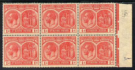 St Kitts-Nevis 1921-29 KG5 Script CA Medicinal Spring 1d rose-carmine marginal block of 6 unmounted mint SG 38, stamps on , stamps on  stamps on , stamps on  stamps on  kg5 , stamps on  stamps on 