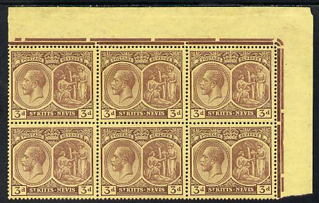 St Kitts-Nevis 1921-29 KG5 Script CA Medicinal Spring 3d purple on yellow NE corner block of 6, unmounted mint SG 45a, stamps on , stamps on  kg5 , stamps on 