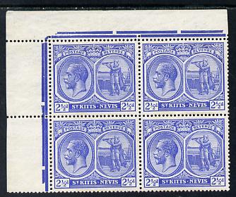 St Kitts-Nevis 1921-29 KG5 Script CA Columbus 2.5d bright blue NW corner block of 4 unmounted mint SG 42, stamps on , stamps on  stamps on , stamps on  stamps on  kg5 , stamps on  stamps on columbus, stamps on  stamps on explorers