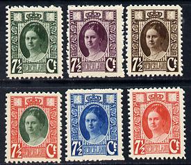 Netherlands 1920's set of 6 perforated essays in various colours denominated 7.5c showing Queen Wilhelmina unused without gum, stamps on , stamps on  stamps on royalty