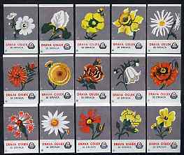 Match Box Labels - complete set of 15 Flowers (grey background), superb unused condition (Yugoslavian Drava Series), stamps on , stamps on  stamps on flowers