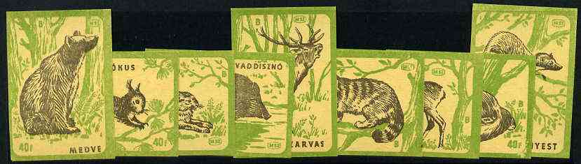 Match Box Labels - complete set of 9 Animals (black & emerald on yellow), superb unused condition (Hungarian), stamps on animals      bear            squirrel    fox     dogs      hare     deer     marten      hog    swine    pigs, stamps on  fox , stamps on foxes, stamps on 