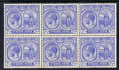 St Kitts-Nevis 1921-29 KG5 Script CA Columbus 2.5d bright blue block of 6, unmounted mint few split perfs SG 42, stamps on , stamps on  kg5 , stamps on columbus, stamps on explorers