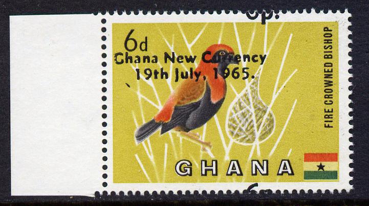 Ghana 1965 New Currency 6p on 6d Bishop Bird with opt & surcharge shifted upwards unmounted mint, SG 385var, stamps on birds