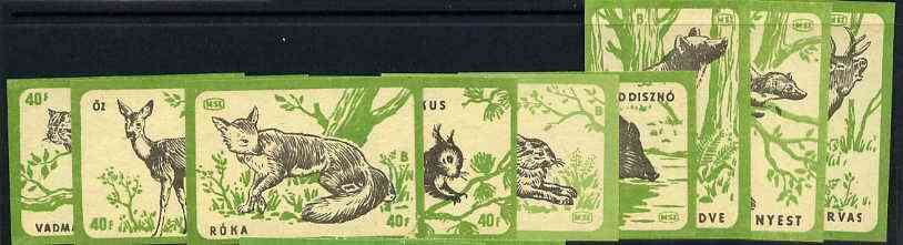 Match Box Labels - complete set of 9 Animals (black & green on pale yellow), superb unused condition (Hungarian), stamps on animals      bear            squirrel    fox      hare     deer     marten      hog    pigs    swine    dogs, stamps on  fox , stamps on foxes, stamps on 