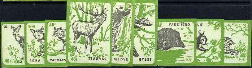 Match Box Labels - complete set of 9 Animals (black & green on blue), superb unused condition (Hungarian), stamps on , stamps on  stamps on animals      bear           squirrel    fox      hare     deer     marten      hog    pigs    swine    dogs, stamps on  stamps on  fox , stamps on  stamps on foxes, stamps on  stamps on  