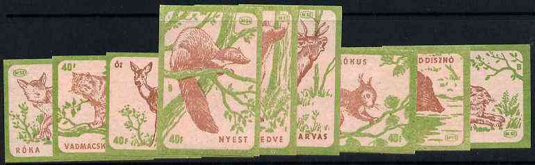 Match Box Labels - complete set of 9 Animals (red & green on pink), superb unused condition (Hungarian), stamps on animals      bear       squirrel    fox      hare     deer     marten      hog     pigs    swine    dogs, stamps on  fox , stamps on foxes, stamps on  