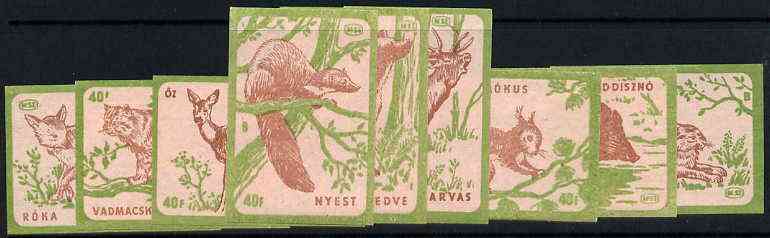 Match Box Labels - complete set of 9 Animals (red & green on pink), superb unused condition (Hungarian), stamps on animals      bear       squirrel    fox      hare     deer     marten      hog     pigs    swine    dogs, stamps on  fox , stamps on foxes, stamps on 