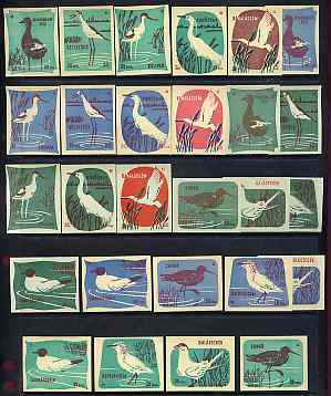 Match Box Labels - complete set of 27 Birds (3 sets of 9 on different papers), superb unused condition (Hungarian), stamps on birds