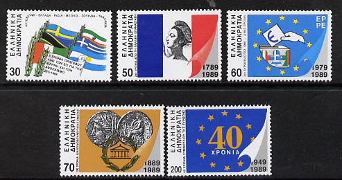 Greece 1989 International Anniversaries P14x13.5 set of 5 unmounted mint SG 1820A-24A, stamps on , stamps on  stamps on flags, stamps on  stamps on peace, stamps on  stamps on coins, stamps on  stamps on europa