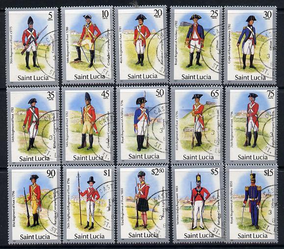 St Lucia 1985 Military Uniforms definitive set complete - 15 values fine cds used SG797-811, stamps on , stamps on  stamps on militaria, stamps on  stamps on uniforms