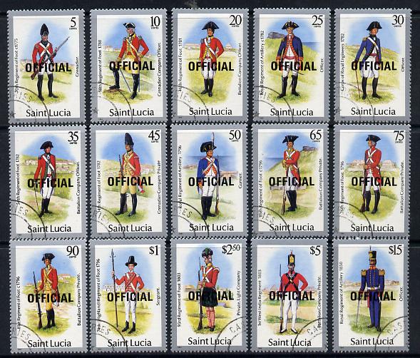 St Lucia 1985 Official overprint on Military Uniforms definitive set complete - 15 values fine cds used SG O13-27, stamps on militaria, stamps on uniforms