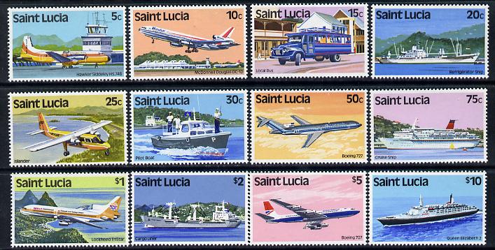 St Lucia 1980 Transport definitive set complete - 12 values unmounted mint SG 537-48, stamps on , stamps on  stamps on transport, stamps on  stamps on aviation, stamps on  stamps on buses, stamps on  stamps on ships, stamps on  stamps on 