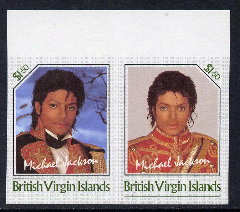 British Virgin Islands 1985 Michael Jackson $1.50 Unissued imperf unmounted mint se-tenant pair - this issue was rejected by the Queen as only living Royalty may be depicted on BVI stamps. The design was ultimately used for St Vincent which is included. Very few BVI exist, stamps on , stamps on stamps on music, stamps on stamps on personalities, stamps on stamps on pops, stamps on stamps on rock
