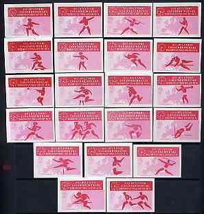 Match Box Labels - complete set of 21 Athletics (red & pink) superb unused condition (Hungarian from 1966)