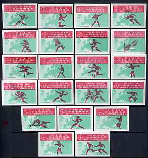 Match Box Labels - complete set of 21 Athletics (red & green) superb unused condition (Hungarian from 1966), stamps on sport    athletics      shot      javelin      discus      hammer     pole vault      hurdles     long jump     relay     high jump    sprinting     running    steeplechase
