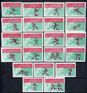 Match Box Labels - complete set of 21 Athletics (red & green) superb unused condition (Hungarian from 1966), stamps on , stamps on  stamps on sport    athletics      shot      javelin      discus      hammer     pole vault      hurdles     long jump     relay     high jump    sprinting     running    steeplechase