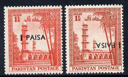 Pakistan 1961 surcharged 1 Paisa on 1.5a red Nwith surch inverted plus normal both unmounted mint SG 122var, stamps on tourism, stamps on death
