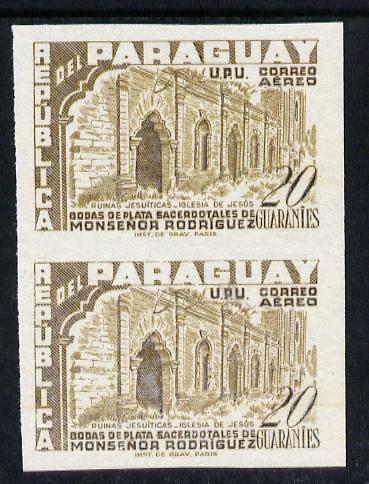 Paraguay 1955 Sacerdotal  Silver Jubilee 20c yellow-brown IMPERF pair (gum slightly disturbed) as SG 759, stamps on , stamps on  stamps on religion