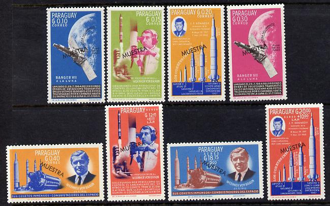Paraguay 1967 Kennedy & Space Anniversary perf set of 8 overprinted MUESTRA unmounted mint, stamps on , stamps on  stamps on space, stamps on  stamps on kennedy, stamps on  stamps on rockets, stamps on  stamps on usa presidents