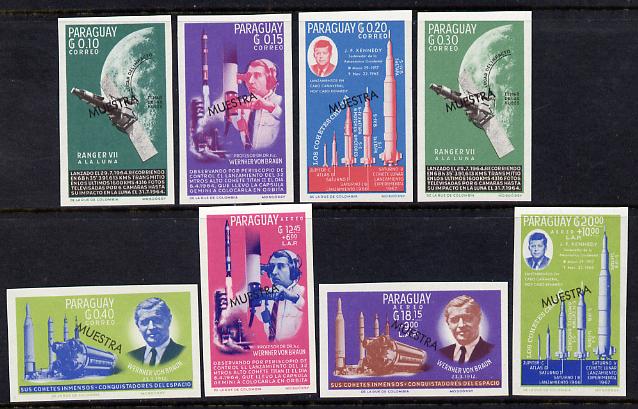 Paraguay 1967 Kennedy & Space Anniversary imperf set of 8 overprinted MUESTRA unmounted mint, stamps on , stamps on  stamps on space, stamps on  stamps on kennedy, stamps on  stamps on rockets, stamps on  stamps on usa presidents
