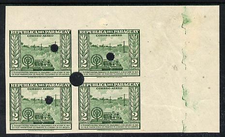 Paraguay 1944-45 First Telegraph 2c green imperf corner proof block of 4 with security punch holes on gummed paper but some wrinkling, as SG 596 (ex Waterlow archives), stamps on telegraph