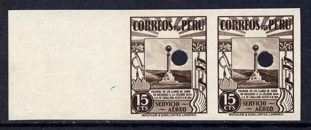 Peru 1938 Monument 15c chocolate imperf proof pair with security punch holes on gummed paper, as SG 651 (ex Waterlow archives), stamps on 