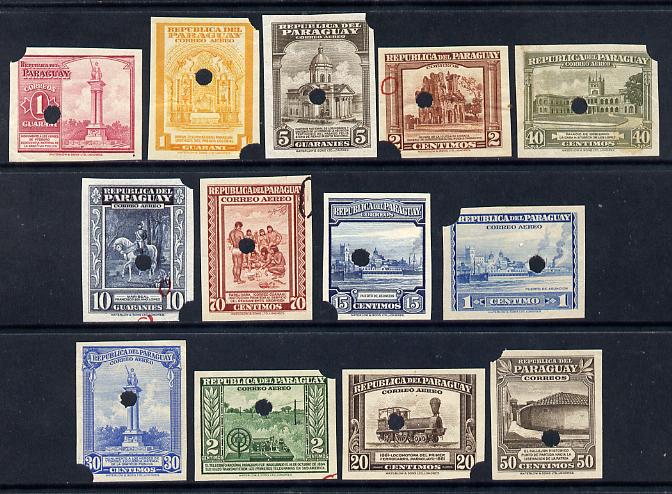 Paraguay 1944-45 Thirteen values each with security punch holes on gummed paper but some wrinkling, betweeb SG 587 & 607 (ex Waterlow archives), stamps on 