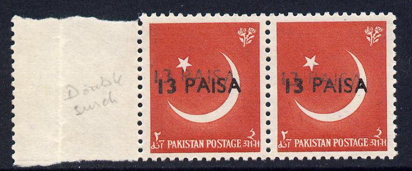 Pakistan 1961 surcharged 13p on 2a horiz pair with surcharge doubled unmounted mint as SG126var, stamps on 