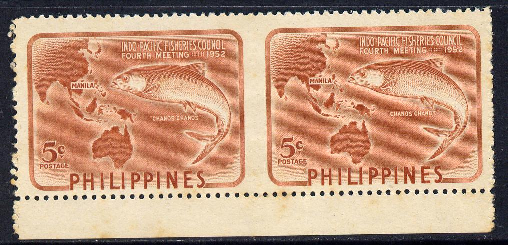 Philippines 1952 Indo-Pacific Fisheries 5c brown horizontal pair imperf between unmounted mint, listed as SG 744a but unpriced, stamps on , stamps on  stamps on fish