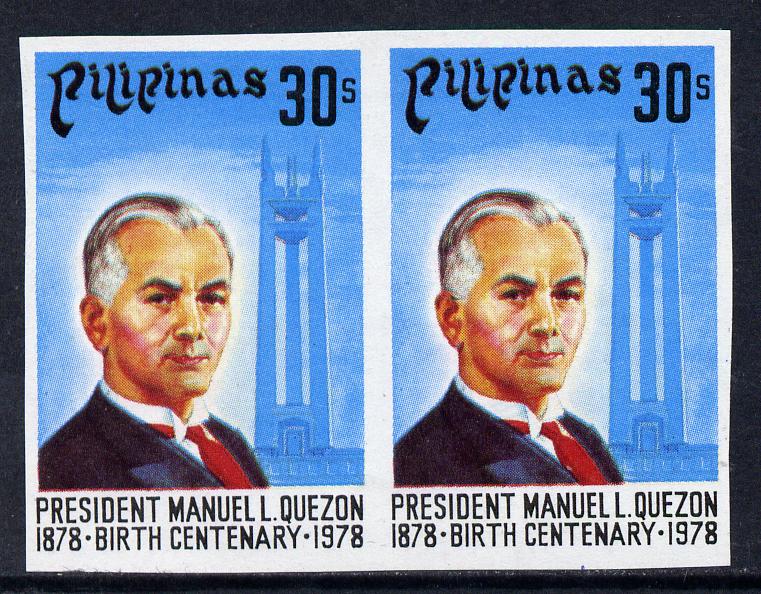Philippines 1978 Birth Centenary of  Manuel Quezon 30s with black inscription imperf pair unmounted mint as SG 1467, stamps on constitutions, stamps on personalities