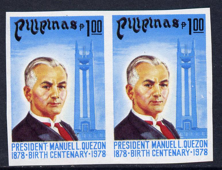 Philippines 1978 Birth Centenary of  Manuel Quezon 1p with blue inscription imperf pair unmounted mint as SG 1468, stamps on , stamps on  stamps on constitutions, stamps on  stamps on personalities