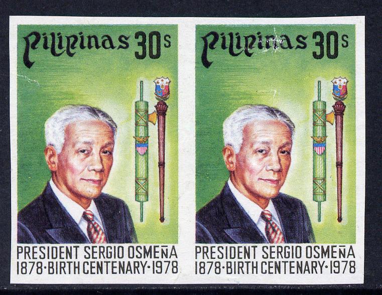 Philippines 1978 Birth Centenary of  Sergio Osmena 30s imperf pair unmounted mint as SG 1470, stamps on constitutions, stamps on personalities