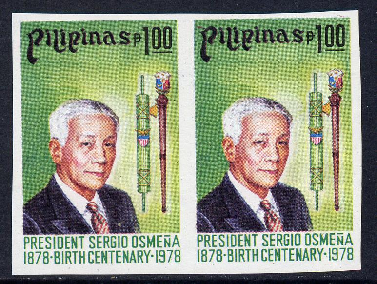 Philippines 1978 Birth Centenary of  Sergio Osmena 1p imperf pair unmounted mint as SG 1471, stamps on , stamps on  stamps on constitutions, stamps on  stamps on personalities