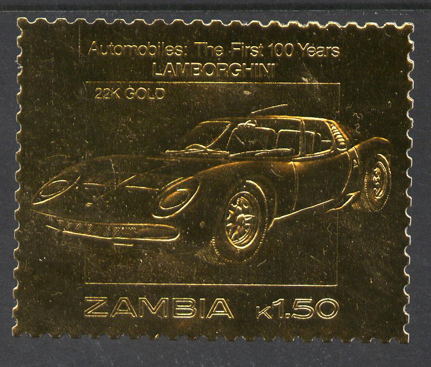 Zambia 1987 Classic Cars 1k50 Lamborghini in 22k gold foil unmounted mint, stamps on , stamps on  stamps on cars, stamps on  stamps on lamborghini, stamps on  stamps on 