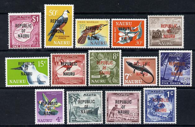 Nauru 1968 Republic Overprint definitive set complete - 14 values unmounted mint SG 80-93, stamps on , stamps on  stamps on maps, stamps on  stamps on birds, stamps on  stamps on lizards, stamps on  stamps on flowers