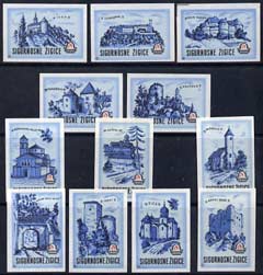 Match Box Labels - complete set of 12 Castles (blue) superb unused condition (Yugoslavian Drava series), stamps on castles