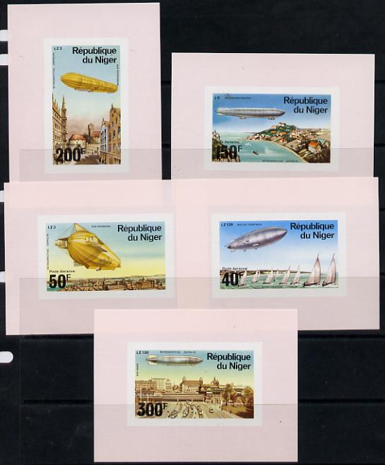 Niger Republic 1976 Zeppelin set of 5 individual imperf sheetlets unmounted mint, as SG 624-28, stamps on aviation, stamps on airships, stamps on zeppelins