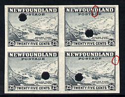 Newfoundland 1941-44 KG6 Sealing Fleet 25c imperf marginal PROOF block of 4 each stamp with Waterlow security punch hole, some wrinkles but a scarce KG6 item (as SG 288), stamps on , stamps on  stamps on , stamps on  stamps on  kg6 , stamps on  stamps on seals