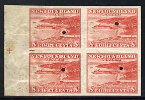 Newfoundland 1941-44 KG6 Paper Mills 8c imperf marginal PROOF block of 4 each stamp with Waterlow security punch hole, some wrinkles but a scarce KG6 item (as SG 282), stamps on , stamps on  stamps on , stamps on  stamps on  kg6 , stamps on  stamps on paper