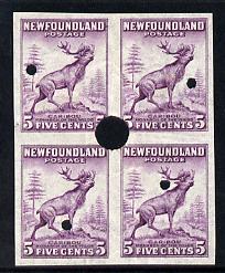 Newfoundland 1941-44 KG6 Caribou 5c imperf marginal PROOF block of 4 each stamp with Waterlow security punch hole, some wrinkles but a scarce KG6 item (as SG 280), stamps on , stamps on  stamps on , stamps on  stamps on  kg6 , stamps on  stamps on deer, stamps on  stamps on animals