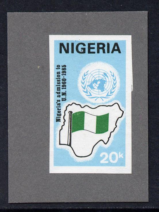 Nigeria 1985 40th Anniversary of United Nations - imperf machine proof of 20k value (as issued stamp) mounted on small piece of grey card believed to be as submitted for ..., stamps on united nations, stamps on maps, stamps on flags