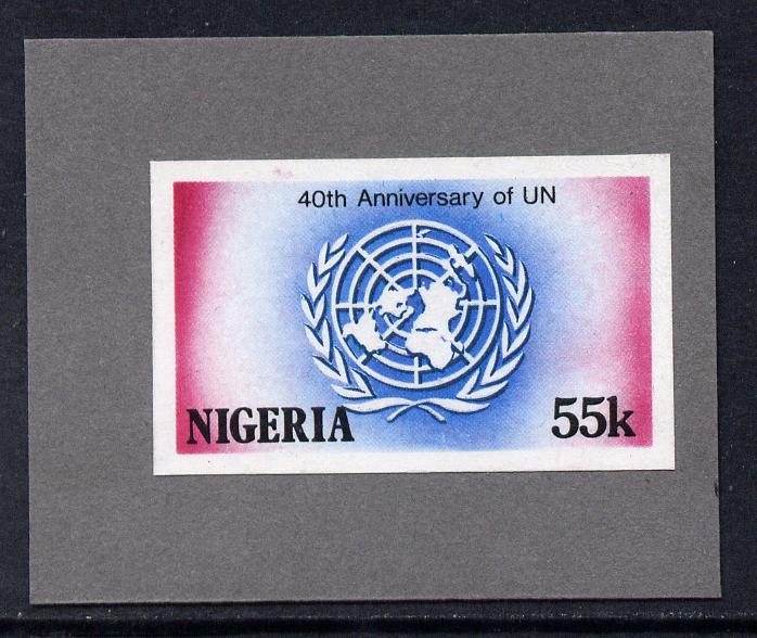 Nigeria 1985 40th Anniversary of United Nations - imperf machine proof of 55k value (as issued stamp) mounted on small piece of grey card believed to be as submitted for ..., stamps on united nations, stamps on 