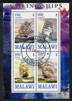 Malawi 2013 Sailing Ships #1 perf sheetlet containing 4 values fine cds used, stamps on , stamps on  stamps on ships