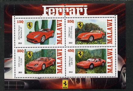 Malawi 2013 Ferrari Cars #1 perf sheetlet containing 4 values unmounted mint, stamps on , stamps on  stamps on cars, stamps on  stamps on ferrari