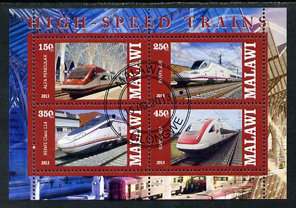 Malawi 2013 High Speed Trains #1 perf sheetlet containing 4 values fine cds used, stamps on , stamps on  stamps on railways